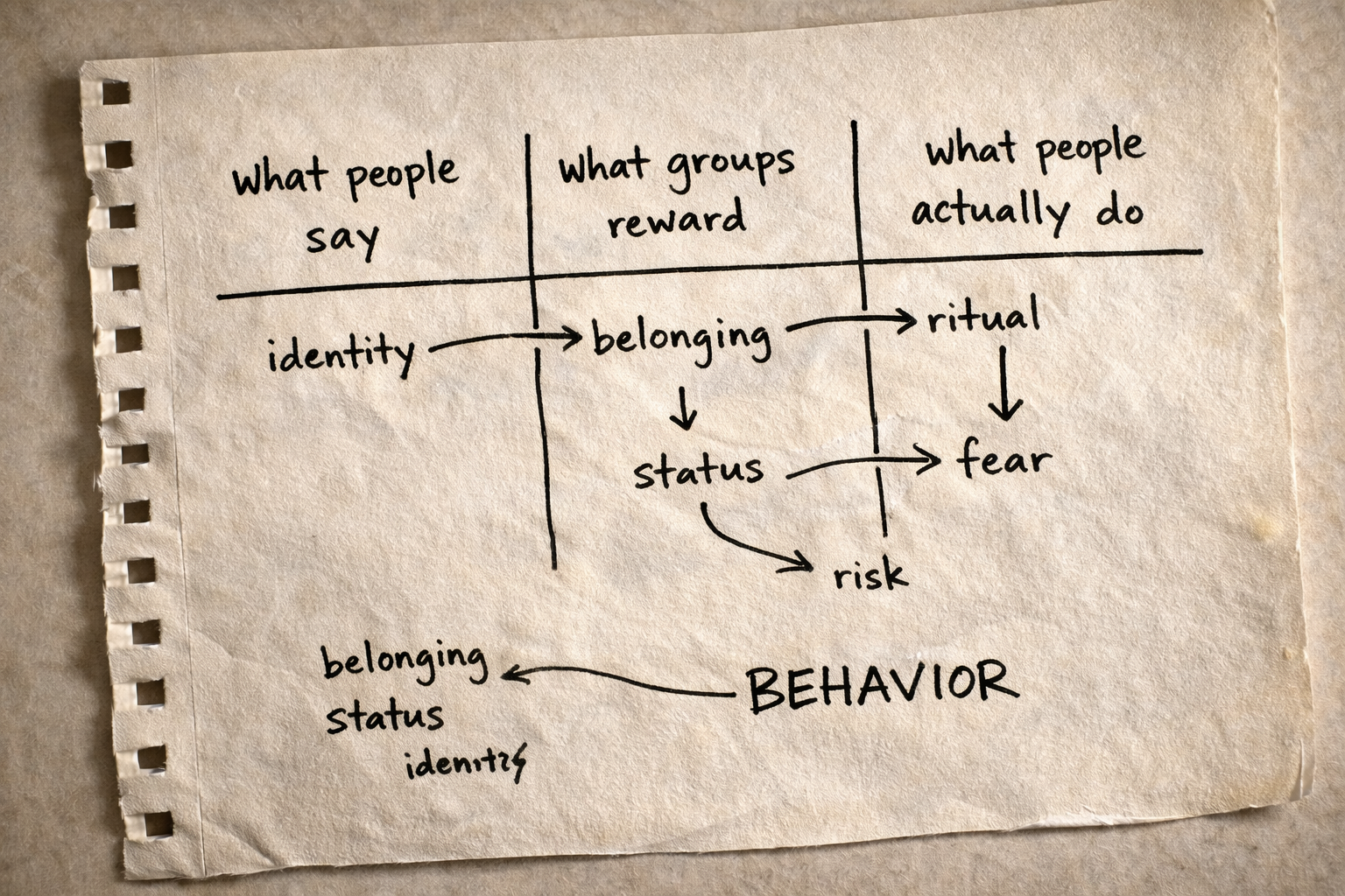 Notebook sketch contrasting genuine preference with behavior shaped by conditioning or constraint.