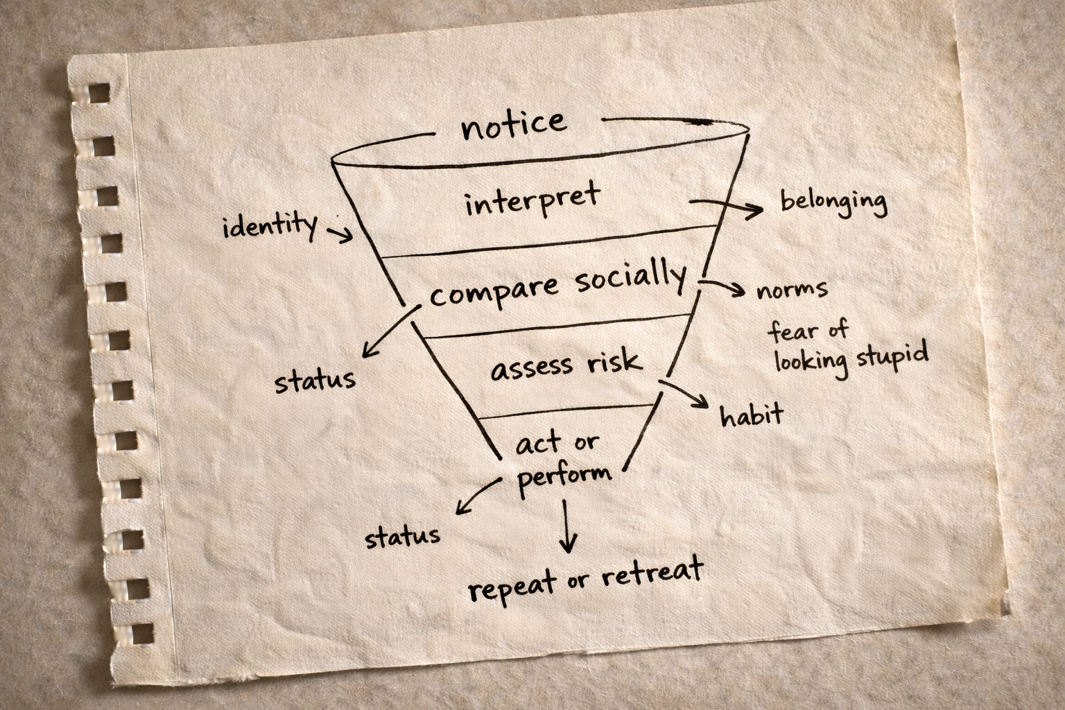 Notebook sketch showing the social stages that precede action in an adoption funnel.