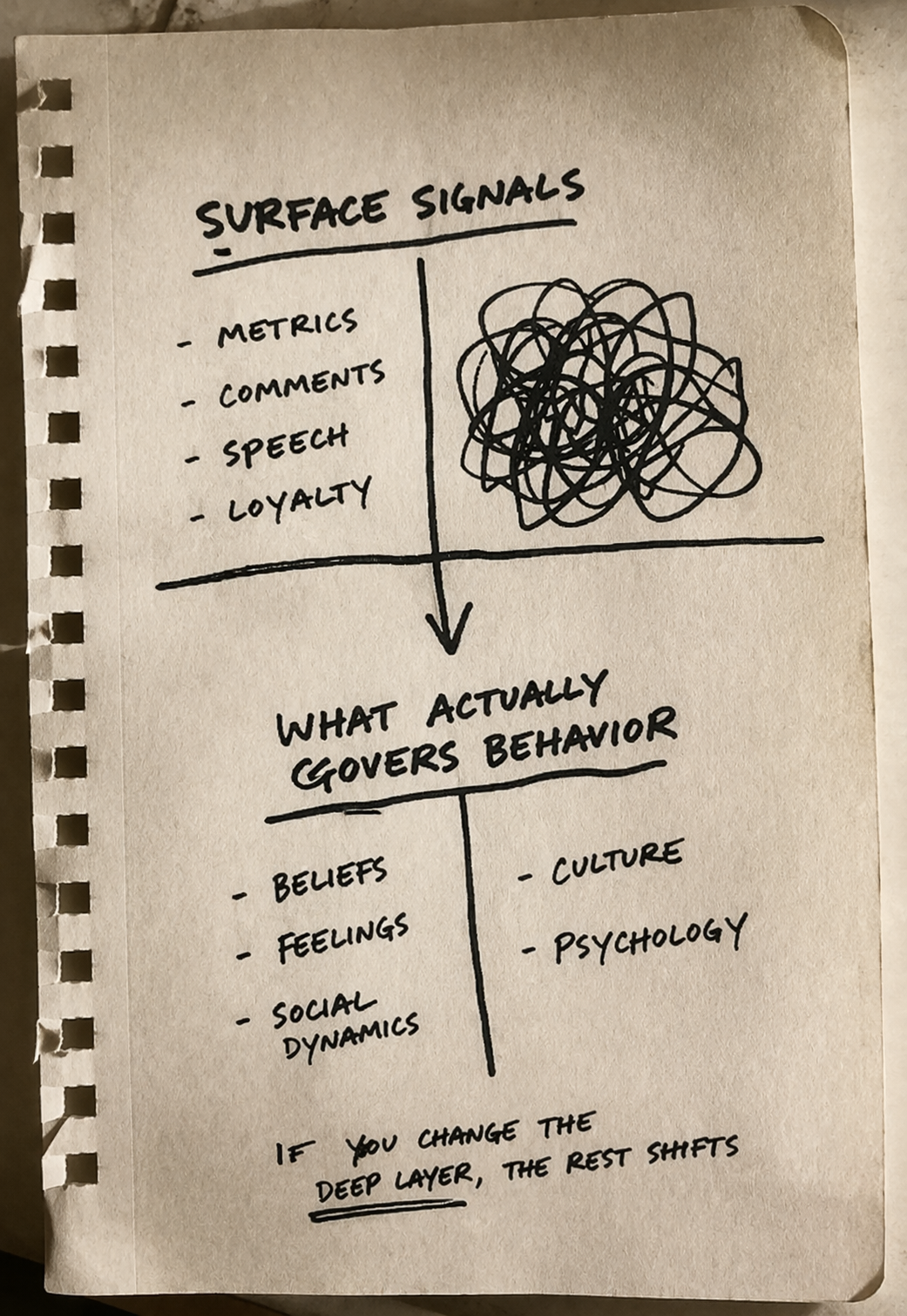 Notebook sketch contrasting surface signals with the governing forces that sit underneath them.